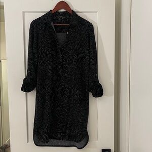 Dalia Black Button Down Shirt dress with White Dots. Just above the knee